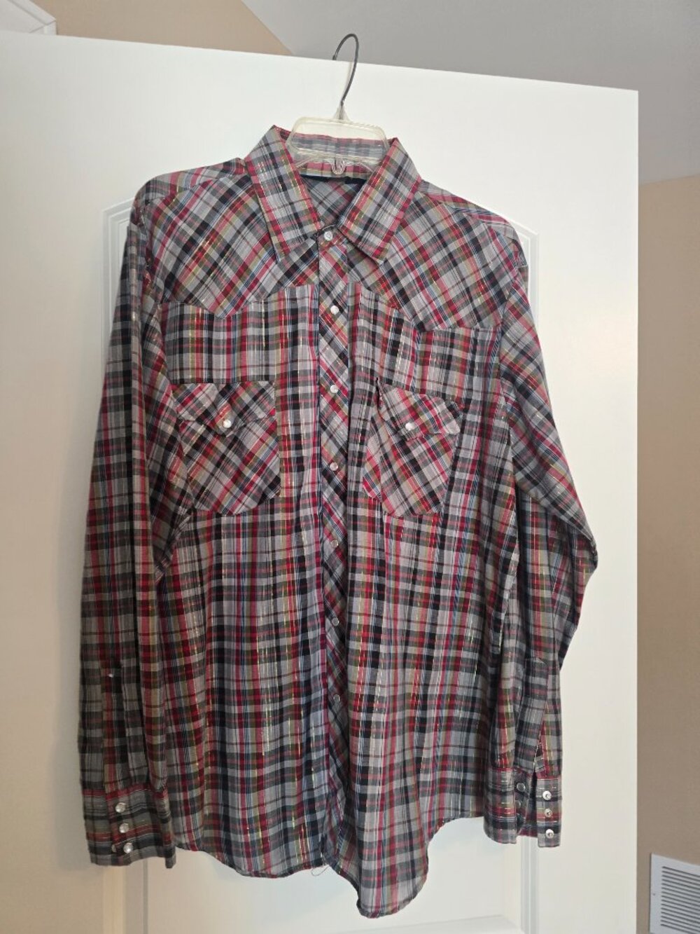 Van Cort Pearl Snap Shirt Plaid Gold Metallic Western Large L Lg Vintage 70s